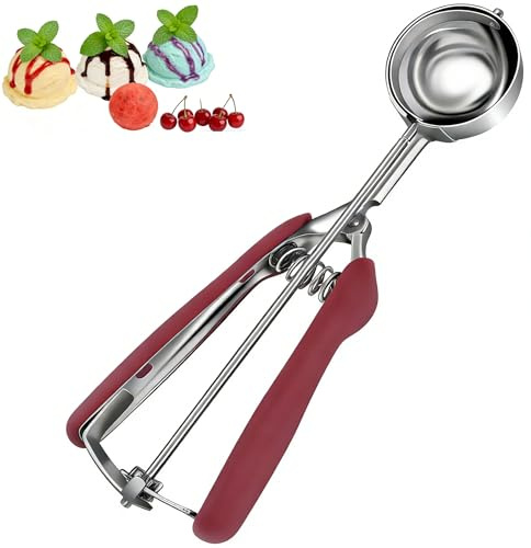 Ice Cream Scoop, Stainless Steel Cookie Scoop with Easy Squeeze Release | 6cm Large Potato Scoop Non-Slip Rubber Grip Melon Baller for Baking Meatballs Mash Potato Cupcakes (1, Burgundy)