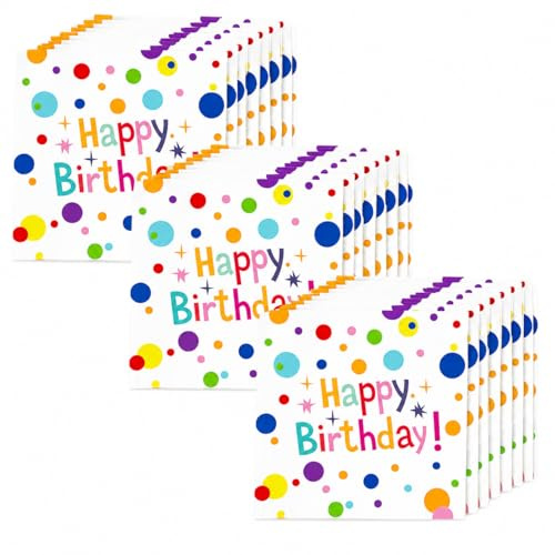 60 Serviettes Anniversaire Happy Birthday, Papier Multicolore, 17 x 17 cm | Papier doux et absorbant, motif à pois multicolores, 60 pièces de 17 x 17 cm pour goûter, buffet et anniversaire d’enfant