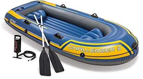 INTEX 68370EP Challenger 3 Inflatable Boat Set: Includes Deluxe 48in Boat Oars and High-Output Pump – Triple Air Chambers – Welded Oar Locks – 3 Person – 660lb Weight Capacity