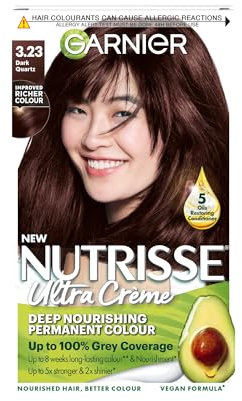 Garnier Nutrisse Ultra Crème Vegan Hair Dye, 3.23 Dark Quartz Brown. Delivers 100% grey coverage and multi-dimensional 8-week colour. This no-ammonia, vegan formula creates a rich quartz brown.