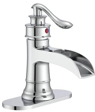 Homevacious Bathroom Faucet Waterfall Sink Faucets Bath Chrome Single Handle Farmhouse Sink Vanity 1 Hole or 3 Hole Basin Mixer Tap Lavatory Faucet with Deck Plate - Polished Chrome