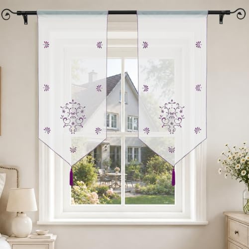 Joyswahl Scheibengardine Voile Bistrogardinen mit Quaste, Stickerei Blumenmotiv Erna Kurzstore mit Tunnelzug BxH 40x60cm Violett 1er Pack