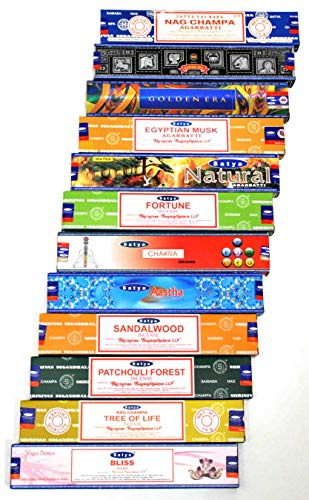 Satya Nag Champa Classic Juego de 12 fragancias de incienso compuesto por: Nag Champa, Super Hit, Golden Era, egipcio almizcle, natural, fortuna, chakra, asta, sándalo, bosque de pachuli, árbol de