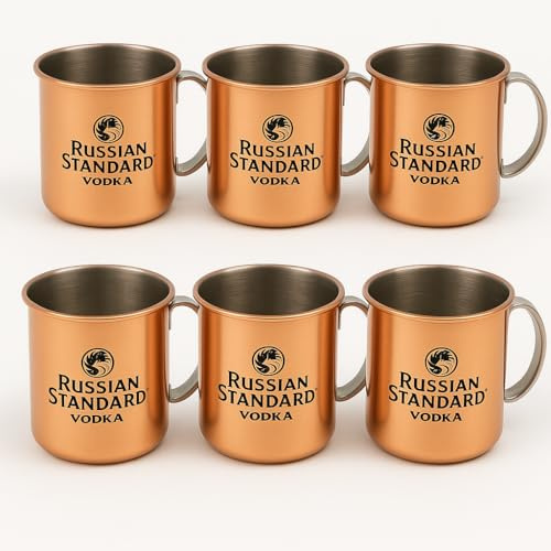 Mixcompany.de Bar & Glas Russian Standard Vodka Kupfer Becher 6er Set – Kupferbecher aus Edelstahl | Original Design | Perfekt für Moscow Mule, Cocktails & Longdrinks | Hochwertig & robust – 350 ml