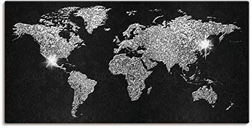 ARTLAND Leinwandbilder Wandbild Bild auf Leinwand 100x50 cm Querformat Weltkarte Erde Welt Landkarte Kunst Schwarz Silber Glitzer U1SX