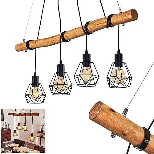 HOFSTEIN Pendelleuchte Seegaard, 4-flammige Hängelampe aus Metall in schwarz und Holz, Vintage/Boho Style Zimmerlampe, 4 x E27, Leuchtenköpfe individuell einstellbar, für Esszimmer, Wohnzimmer, Küche