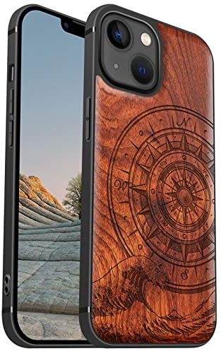 Carveit Magnetisch Hülle für iPhone 13 [Elegante Rosenholz] [Weich TPU Stoßstange] Stoßfeste Handyhülle Kompatibel mit 13 Magsafe Hülle Holz （Der Kompass vor Kanagawa Waves）