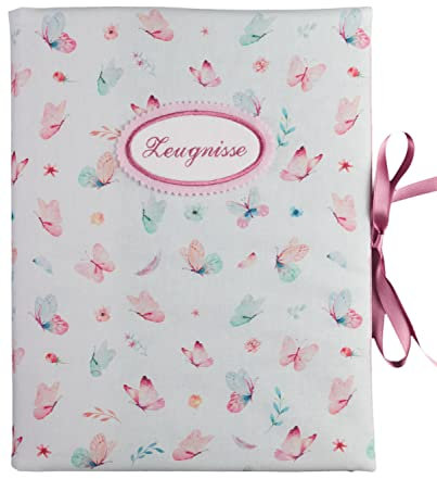bettina bruder - Zeugnismappe DIN A4 - innen 30 Sichthüllen - Schmetterlinge weiß rosa mint pastell bunt