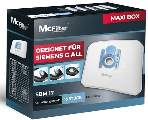 McFilter I 16 Staubsaugerbeutel geeignet für Siemens VS06A111, VS06B1110, VS06B113 Staubsauger I 5-lagiger Staubbeutel mit Hygieneverschluss inkl. Filter mit hochwertiger Kunststoffdeckscheibe