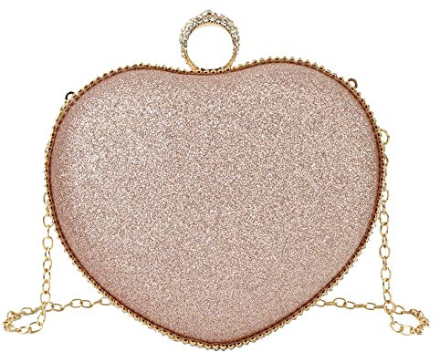 MEGAUK Damen Herz Clutch Glitzer Abendtasche Glänzend Handtasche Herzform Strass Kleidtasche Envelope Tasche mit Kette für Hochzeit Wedding Prom Party