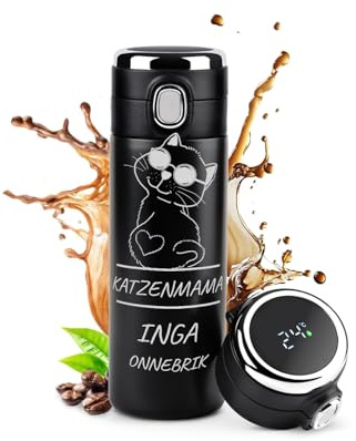 Maverton Thermobecher Kaffeebecher mit Gravur 400 ml - Trinkflasche Edelstahl - auslaufsicher 100% dicht - mit LED-Temperaturanzeige - für Frauen zum Geburtstag - schwarz - Katzenmama