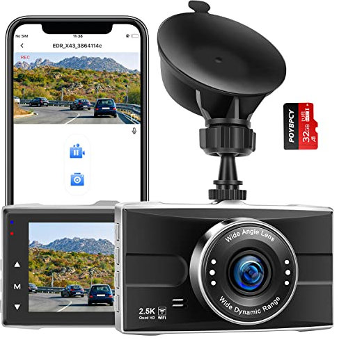 Dash Cam Front 2.5K Built in WiFi 1440P Car Dashboard Camera Recorder with 32GB SD Card Included,APP,3.0” IPS Display,170°Wide Angle,Super Night Vision,WDR,Parking Mode,Support 128GB MAX