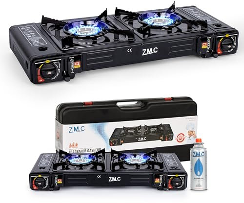ZMC Réchaud à gaz de camping à 2 feux, 2,5 kW avec adaptateur pour raccordement GPL + mallette de rangement, réchaud de camping avec allumage piézoélectrique, pour l'extérieur et l'intérieur