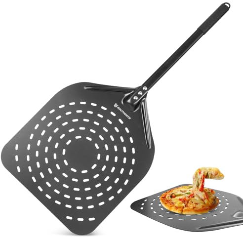 SOUTHGATE Pizzaschieber Perforiert - 35 x 40 x 90 cm Perforierte Pizzaschaufel aus Hart Eloxiertes Aluminium zum Leichten Gleiten auf Pizzastein, Pizza Schieber mit Silikongriff, Geschenk für Männer