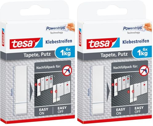 tesa Powerstrips Tapete&Putz - doppelseitige Klebestreifen für Tapete und Gips - Ersatz-Klebestreifen Klebenagel - Haltekraft 1,0 kg/Nagel - 1 x 6 Streifen (Packung mit 2)