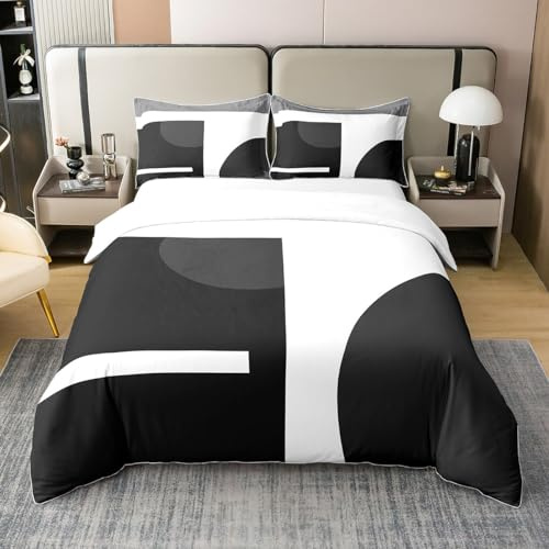 100% Baumwolle Geometrische Rechteck Bettbezug,Schwarz Weiß Grau Bettwäsche Set Geometrie Kreis Tröster Bezug für Kinder Erwachsene,Moderne Ästhetische Bett-Sets mit 1 Kissenbezug Bauernhaus,135x200