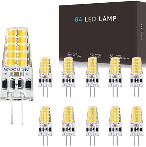 Hsientpe G4 LED Lampen Dimmbar, 3W G4 LED Birnen 12V, Warmweiß 3000K, Ersatz 30W Halogenlampen, 300 LM G4 LED Leuchmittel, LED Stiftsockellampe, Kein Flackern, 10er Pack