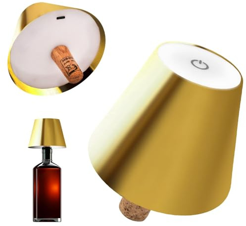 MAKA Lampada per Bottiglia con Tappo in Sughero Luce Tavolo Scrivania senza Fili 3 Temperature Luce Calda Naturale Fredda 200 Lumen 7 Ore Autonomia Ricarica USB IP20 Luminosa Bar Ristorante (Oro)