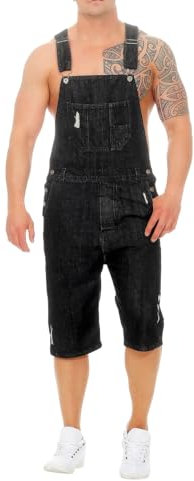 Herren Kurze Jeans Overall Denim Latzhose Vintage Latzshorts Ripped Distressed Jumpsuit Freizeit Jeanshose Männer Cargo Jeans Retro Jumpsuit Arbeitshose Blau Arbeitslatzhosen Latzanzug (Black, XXXL)