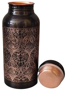 BUYERWELL Botella de agua de cobre en relieve antiguo, botella de agua de cobre de 17 onzas con tapa, botella de agua de cobre ayurvédico, recipiente de agua de cobre, pequeña, a prueba de fugas,