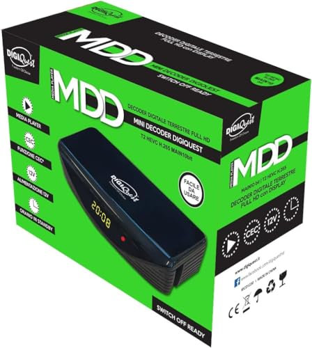 Récepteur TNT HD DVB-T2 Digiquest MDD HEVC H.265 Chipset 10bit Full HD FTA, Tuner Mini, USB, HDMI, Péritel, Télécommande, Noir, Plastique