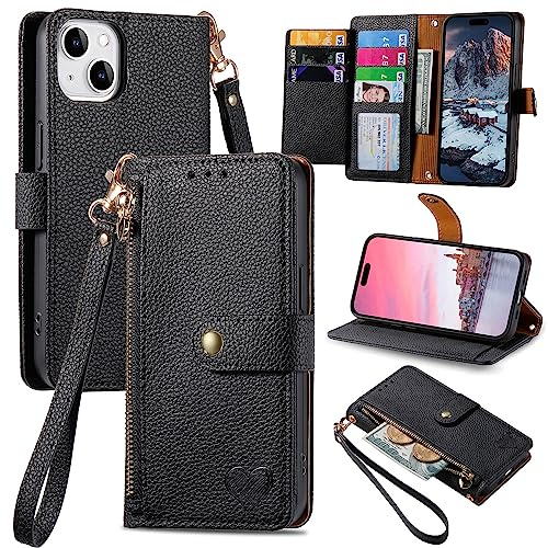VEEMOS Handyhülle für Apple iPhone 13 Mini Hülle Klappbar Klapphülle Schutzhülle mit Kartenfach RFID Reißverschluss Handy Tasche Leder Flip Case Cover Handytasche Frauen - Schwarz