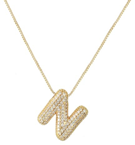 RWQIAN Bubble Buchstaben Kette Silber/Gold Damen Balloon Initialen Haskette Bling Zirkonia Buchstaben Anhänger Bubble Letter A-Z Schmuck Geschenke für Frauen