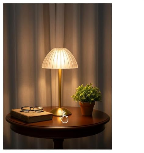 Lam-lord Retro Gold Cordless Table Lamp, Rechargeable Mushroom LED Table Lamp, 3 Color Dimmable and Adjustable Brightness, Battery Powered Touch Table Light for Nightstand, Living Room, Bedroom