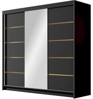 Mirjan24 Kleiderschrank mit Goldverzierung Edrulaz VI 200 cm Breit, Garderobenschrank mit Spiegel, Schlafzimmerschrank mit Kleiderstange und Einlegeböden für Kleidung (Schwarz)