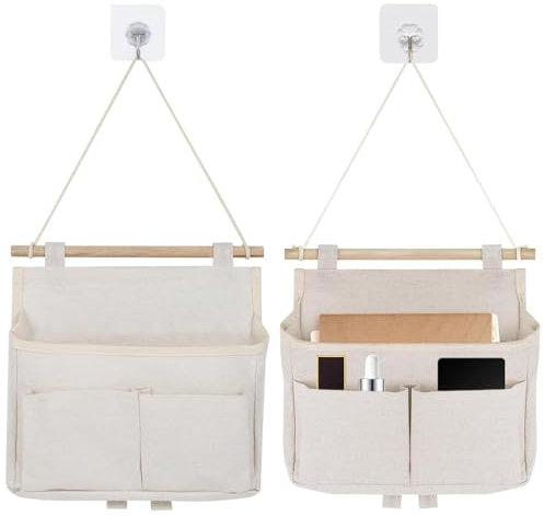 2 Stück Hängeorganizer, Organizer Hängend, Hängende Aufbewahrungstasche, Hängeorganizer Bad, Leinen Wand Organizer Hängend, Wandorganizer, 2 Fächer mit Klebriger Haken, für Home, Office, Bad, Weiß