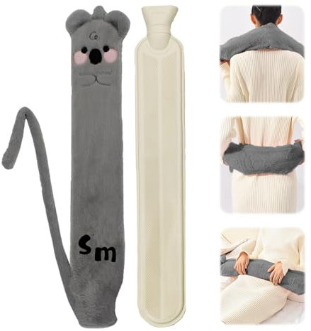 Lvjkes Bolsa Agua Caliente Larga, Bolsa de Agua Ccaliente, 2 Litros 72x12cm Bolsa de Agua Caliente de Felpa con Tapa, Extraíble Para Limpieza, Adecuado para cuello, hombros, abdomen y espalda (Gris)