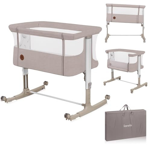 lionelo Aurora 3 en 1 Lit bébé jusqu'à 9 kg Cododo, Berceau Réglage de la Hauteur et de l’Inclinaison du Matelas 4 roulettes avec Freins Matelas Ergonomique Sac (Beige)