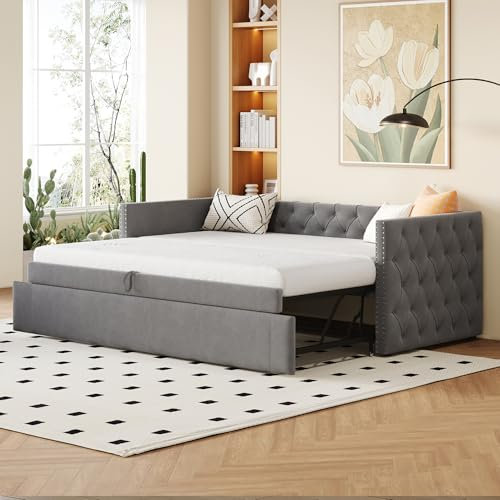 Dolamaní Jugendbett Schlafsofa 90x200 cm mit Ausziehbett gleiche höhe, Ausziehbares Bett mit Lattenrost, Klassische Vollform mit Knöpfen, Samt Polsterbett (Grau)