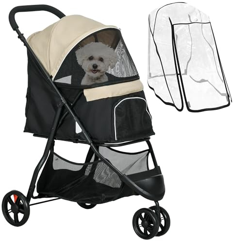 PawHut Passeggino per Cani Piccoli e Mini a 3 Ruote, Passeggino per Animali Pieghevole con Copertura Antipioggia, Cestino e Guinzaglio, Cachi