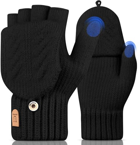 UKNOWISA Fingerlose Handschuhe Thermo Winterhandschuhe Handschuh-Klappe Touchscreen Laufen Radfahren Fahren für Herren und Damen (SCHWARZ)