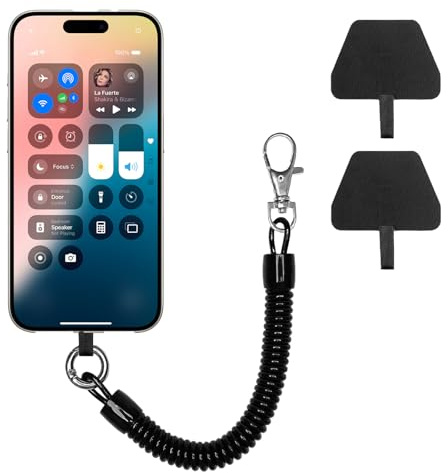 Cordón para Teléfono Elástica Universal, Cadena de Teléfono con Móvil Cable Espiral Flexible, Antirrobo Cordones de Teléfonos Móviles con 2 Insertos Parche para Mayoría de los Teléfonos, Negro