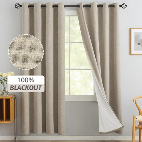 Yakamok Natural Linen Textured Curtains 72 Inches Long for Living Room | 100% Blackout Curtains,Room Darkening Drapes,Thermal Grommet Bedroom Curtain 2 Panels with Greyish White Liner,52W x 72L