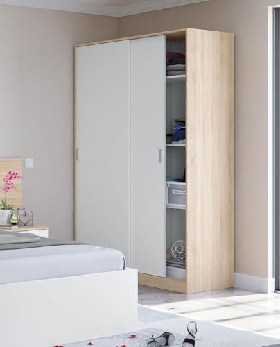 White & Oak Effect Sliding Door Wardrobe - Small 120cm Narrow Space-Saving Storage Organizer with Hanging Rail & 5 Compartments - Perfect for Bedrooms