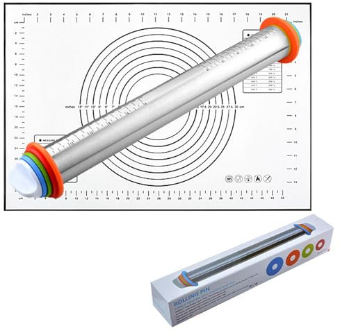 Stainless Steel Rolling Pin, Rouleau à pâtisserie et Tapis de Cuisson, Rouleau à Pâtisserie Antiadhésif Ajustable en Acier Inoxydable avec Anneau Réglable pour Fondant, Pizza, Pâtes, Biscuits (Noir)