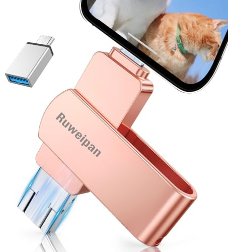Ruweipan Pendrive para Phone,[Sin App] Memoria Externa 256GB Mini Photo Stick USB 3.0 Transmisión de Alta Velocidad 4 en 1 Pen Drive para Type C-Phone iOS/OTG Smartphone/PC/Laptop,256GB Rosa