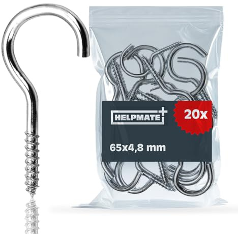 HELPMATE – Wäscheleinehaken silber 65x4,8x22x18 mm – 20 Stück | Galvanisch verzinkter Stahl – robuste Schraubhaken zur Befestigung von Wäscheleinen