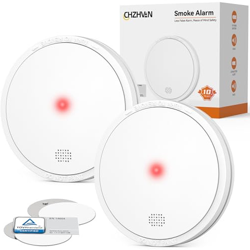CHZHVAN Smoke Alarms for Home, 10-Year Battery Fire Alarms Test/Silence Button Smoke Detector with LED Indicator Conforms to EN 14604 Standard,Fire Detector for Kitchen, Caravan, Office 2 Pack
