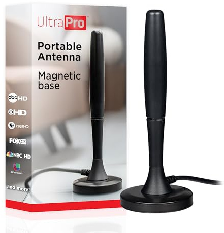 UltraPro - Antena de TV HD portátil de Interior para 4K/8K Ultra HD, Canales VHF/UHF, Base magnética, Alcance de 32 km, omnidireccional, Nextgen TV Ready, para Viajes, Camping, Autocaravana, portón