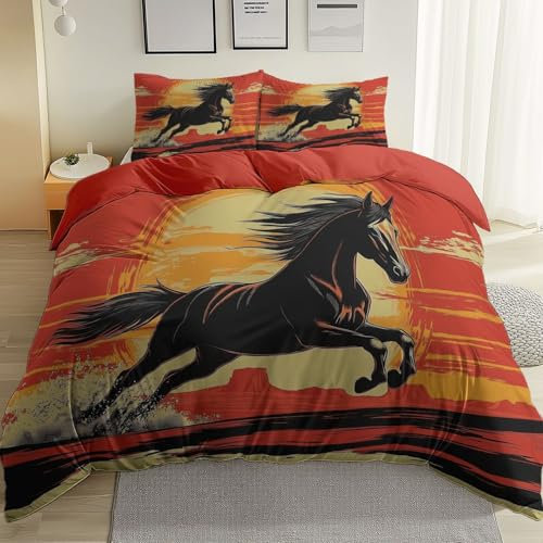 Bettwäsche Set Tiere Pferde Sonnenuntergang3D-Digitaldruck 3 Teilig, Wendebettwäsche Und Kissenbezug Weiche & Angenehme Mikrofaser Bettwäsche-Sets Mit Reißverschluss Rot Schwarz 220 cm X 240 cm