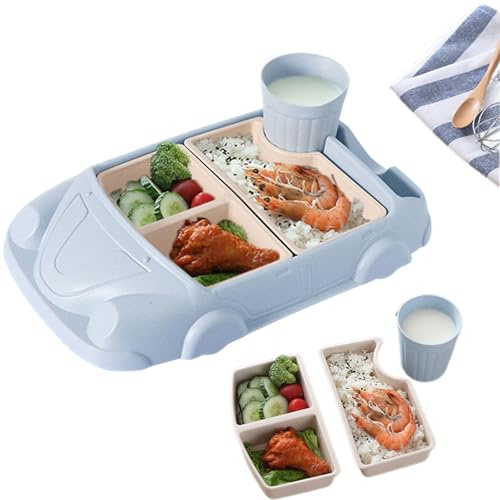 Plate Sets for Car Shaped Tableware Set for Kitchen and Dining Table Car Dinner Tray Fiber Plastic Boys and Girls with Separate Plates Cutlery Water Cup (Light Blue)