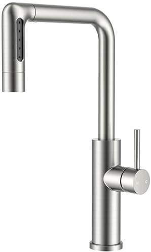 FORIOUS Waterfall Kitchen Faucet with Pull Down Sprayer, 5 Spout Modes Brushed Nickel Stainless Steel Single Handle 360° Swivel Classic Kitchen Sink Faucet with Deck Plate for 1 or 3 Hole for Bar Rv