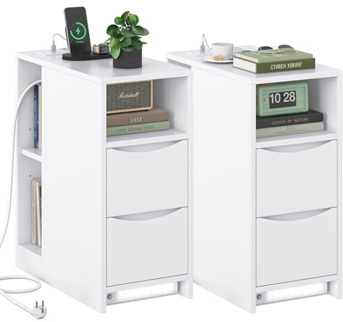 Brinlawb Table de Chevet Lot de 2 avec Lumière LED et Multiprise,2 Tiroirs | Table de Nuit Lot de 2 avec 3 Compartiments Ouverts, Table de Chevet étroite pour Salon, Chambre, Bureau,Petit Espace, Blanc