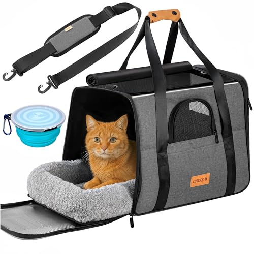 CADOCA® Transportbox Katzen bis 20kg faltbar Sonnen- und Regendach Schultergurt mit Napf Atmungsaktiv Komfortabel Wendekissen Haustier Katzenbox Tragetasche Hunde Auto Grau
