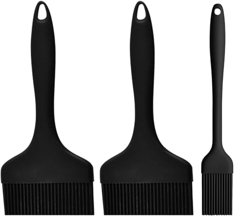 Set di 3 pennelli in silicone da cucina, resistenti al calore, per grigliare e cucinare, diverse misure, 21 x 9,1/7/3,2 cm, nero
