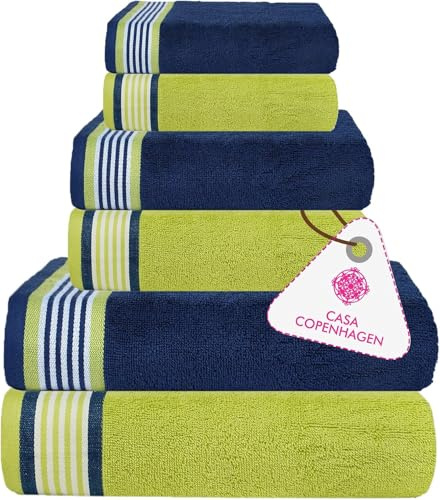 Casa Copenhagen Juego de Toallas He & She de 6 Piezas, Azul California + Verde California, 550 g/m², 2 baño, 2 Mano, 2 paños, diseñado en Dinamarca con algodón Egipcio para baño, Cocina y Ducha.